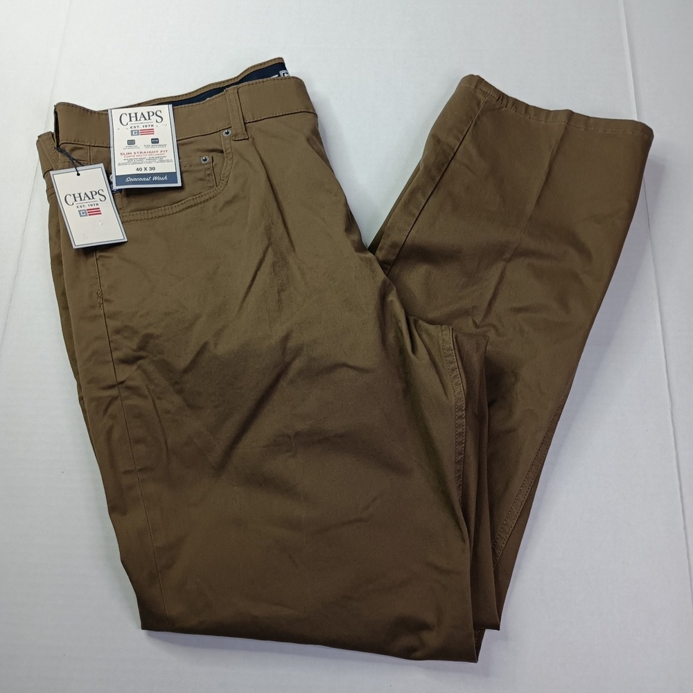 Chaps 5-Pocket Twill Pants Men's Size 40x30 Deep Khaki Slim Straight Fit Stretch